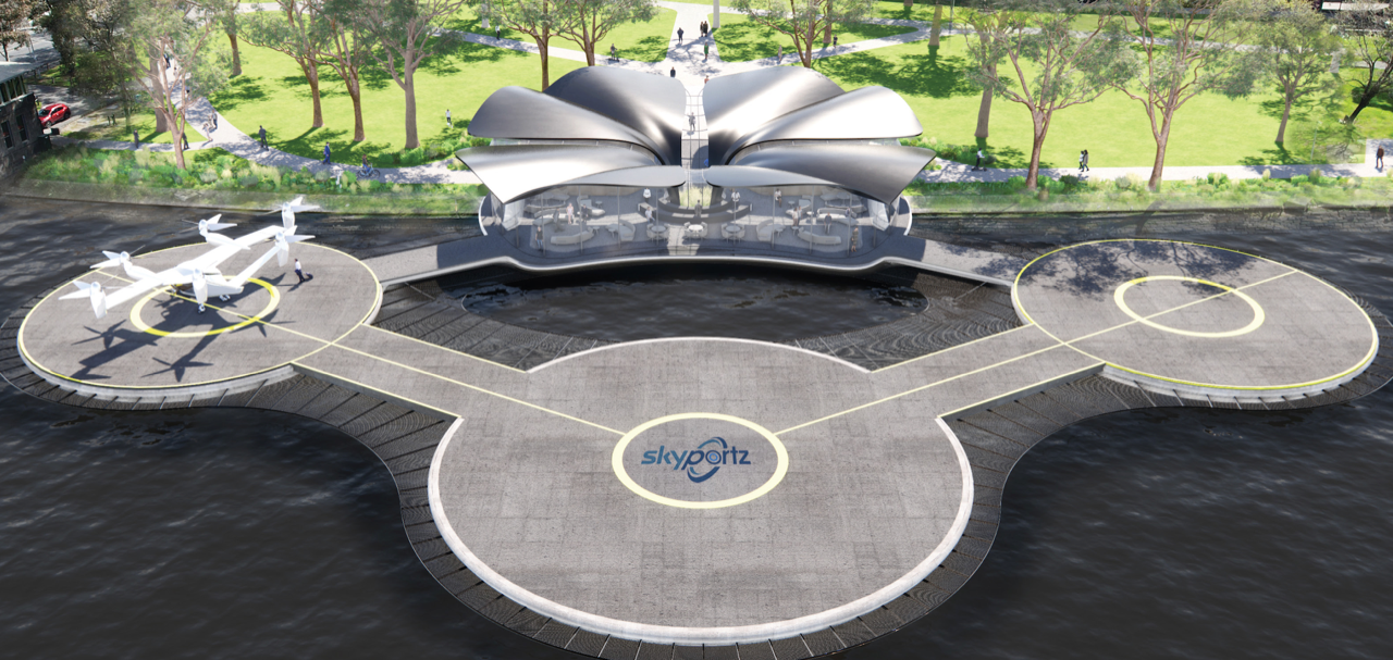 Skyportz's concept for a vertiport on Melbourne's Yarra River in Australia.