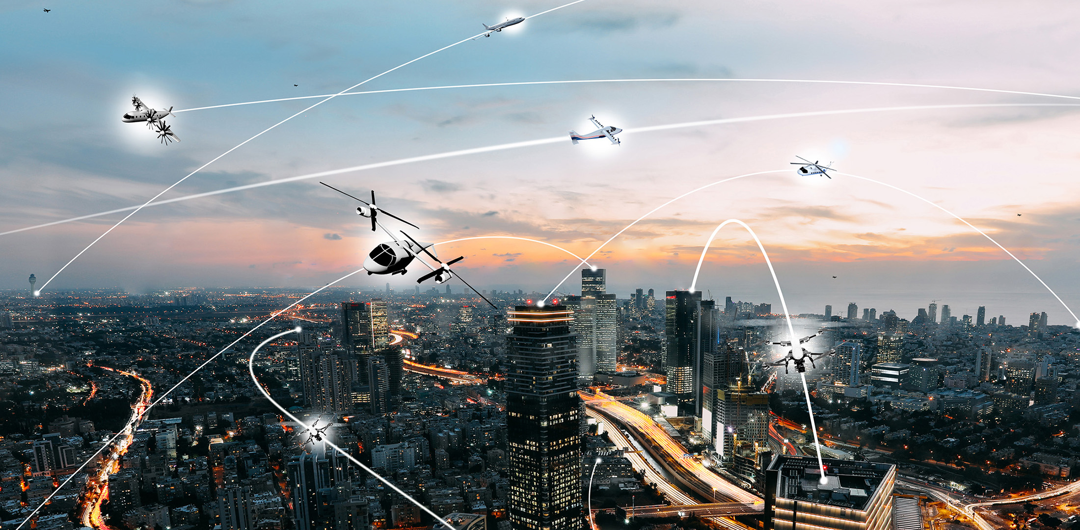 A digital rendering of multiple AAM aircraft flying over a city