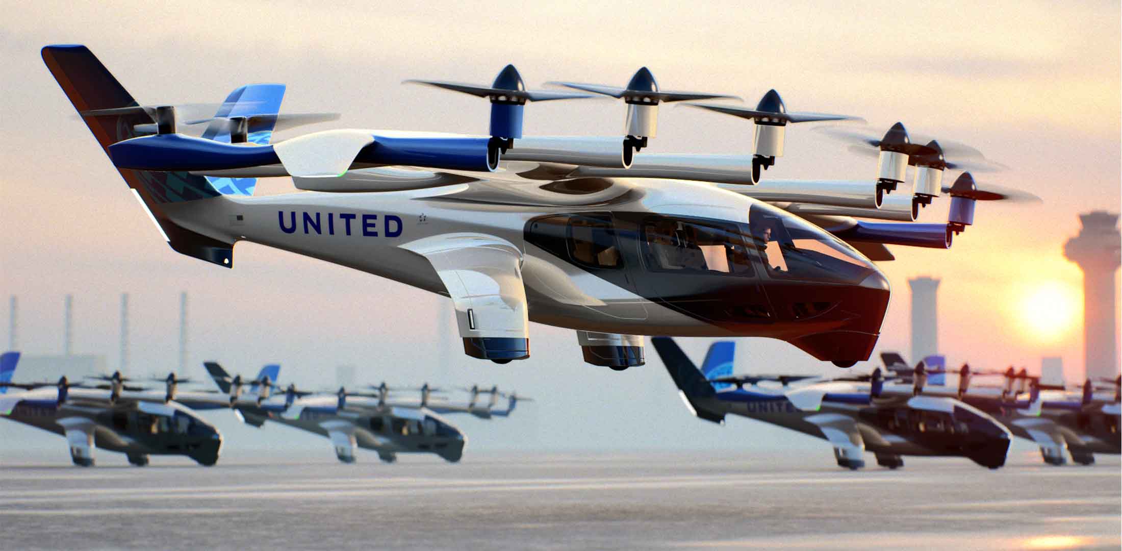 A rendered image of several Archer Midnight eVTOL air taxis with United logos at a vertiport