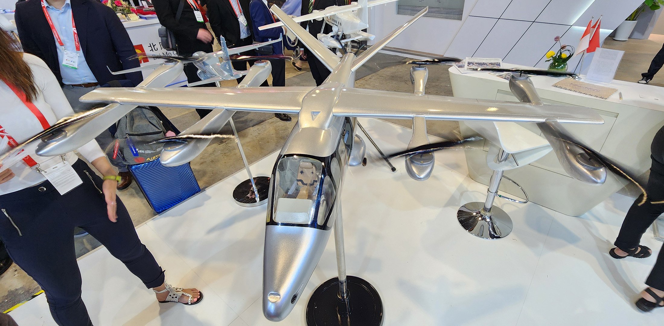 A subscale model of the Vela Alpha eVTOL aircraft on display at the Singapore Airshow