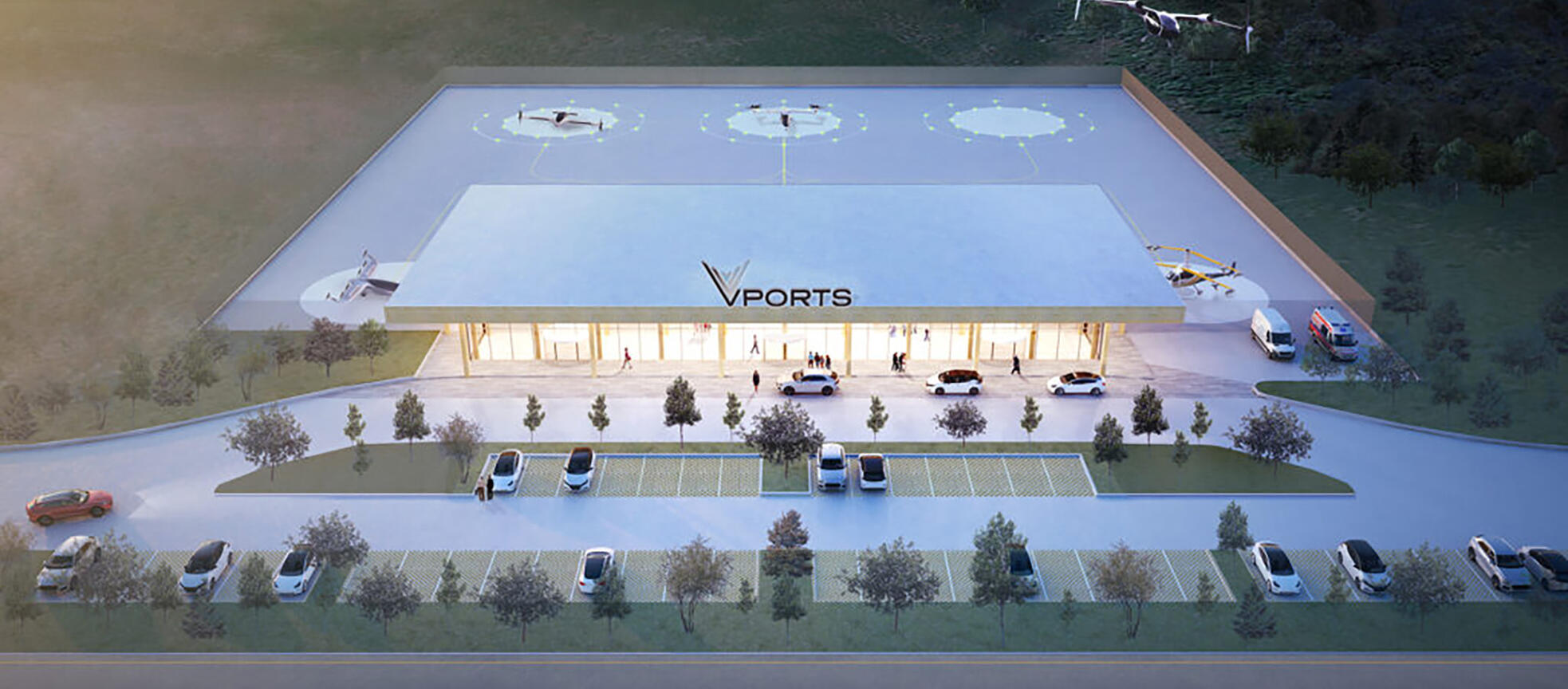 An artist's rendering of a VPorts vertiport with eVTOL aircraft taking off and landing