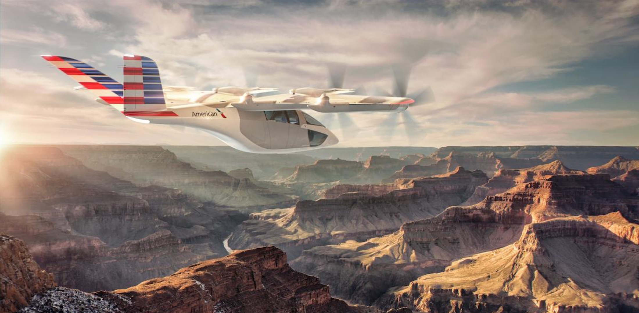 An American Airlines VX4 eVTOL flies over the Grand Canyon in this artist's rendering.