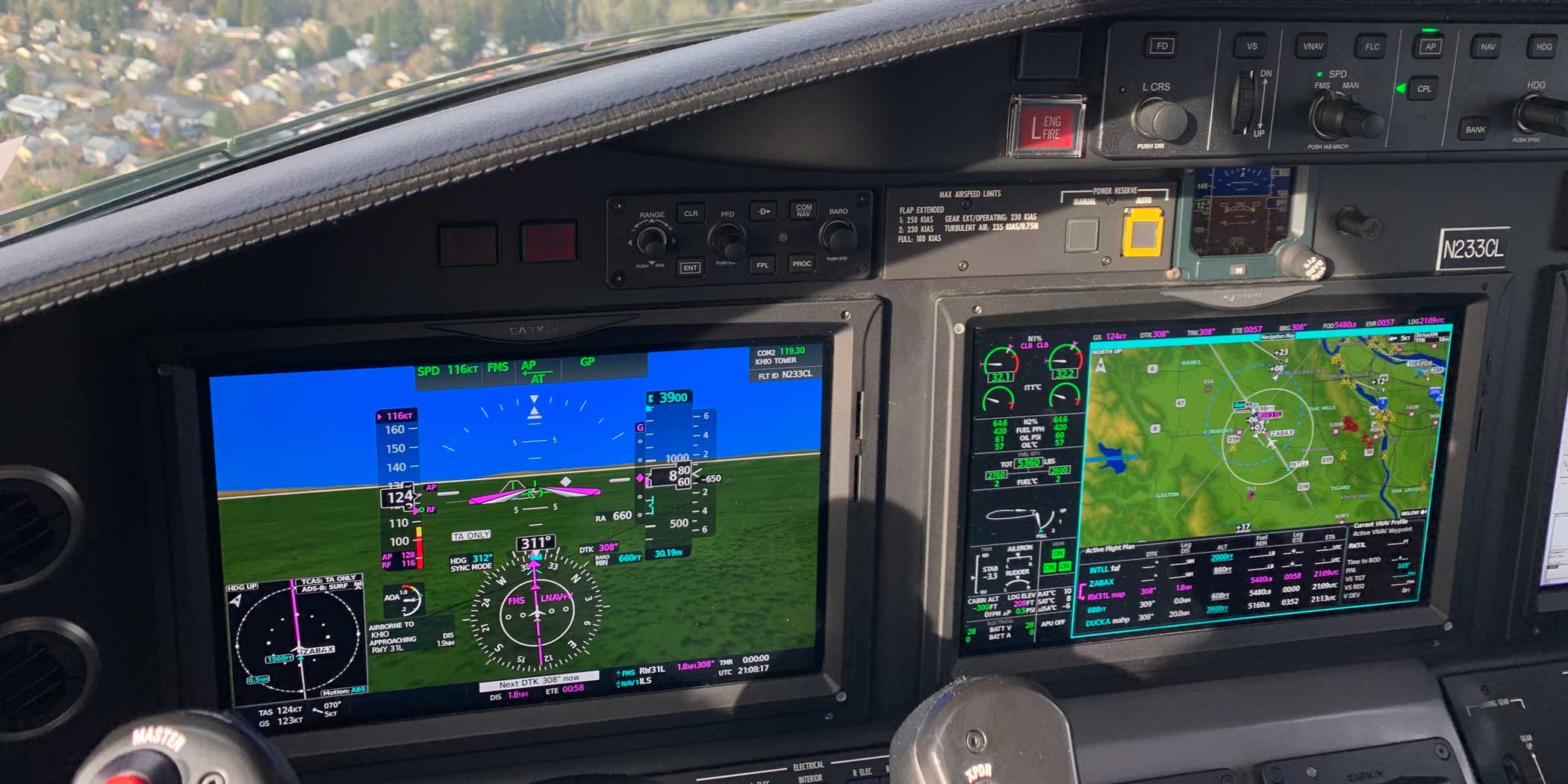 On final for the Runway 31L RNAV approach to KHIO with autothrottles and autopilot engaged, ready for the test of the coupled go-around capability. Photo: Matt Thurber