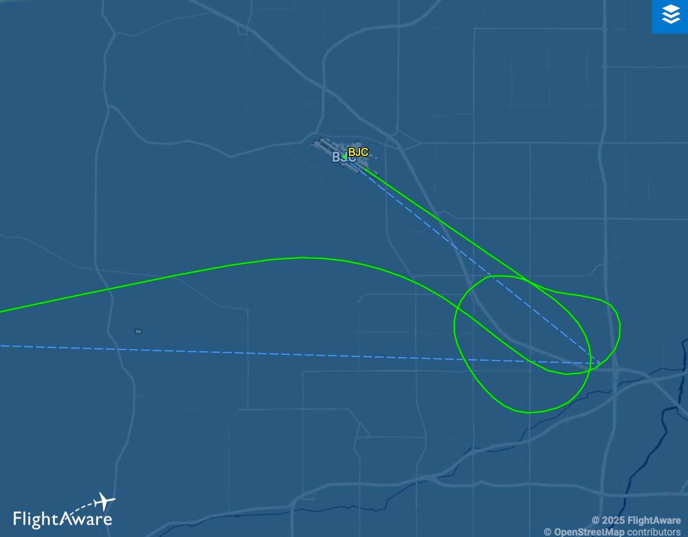 FlightAware track of Garmin Autoland activation and landing at KBJC