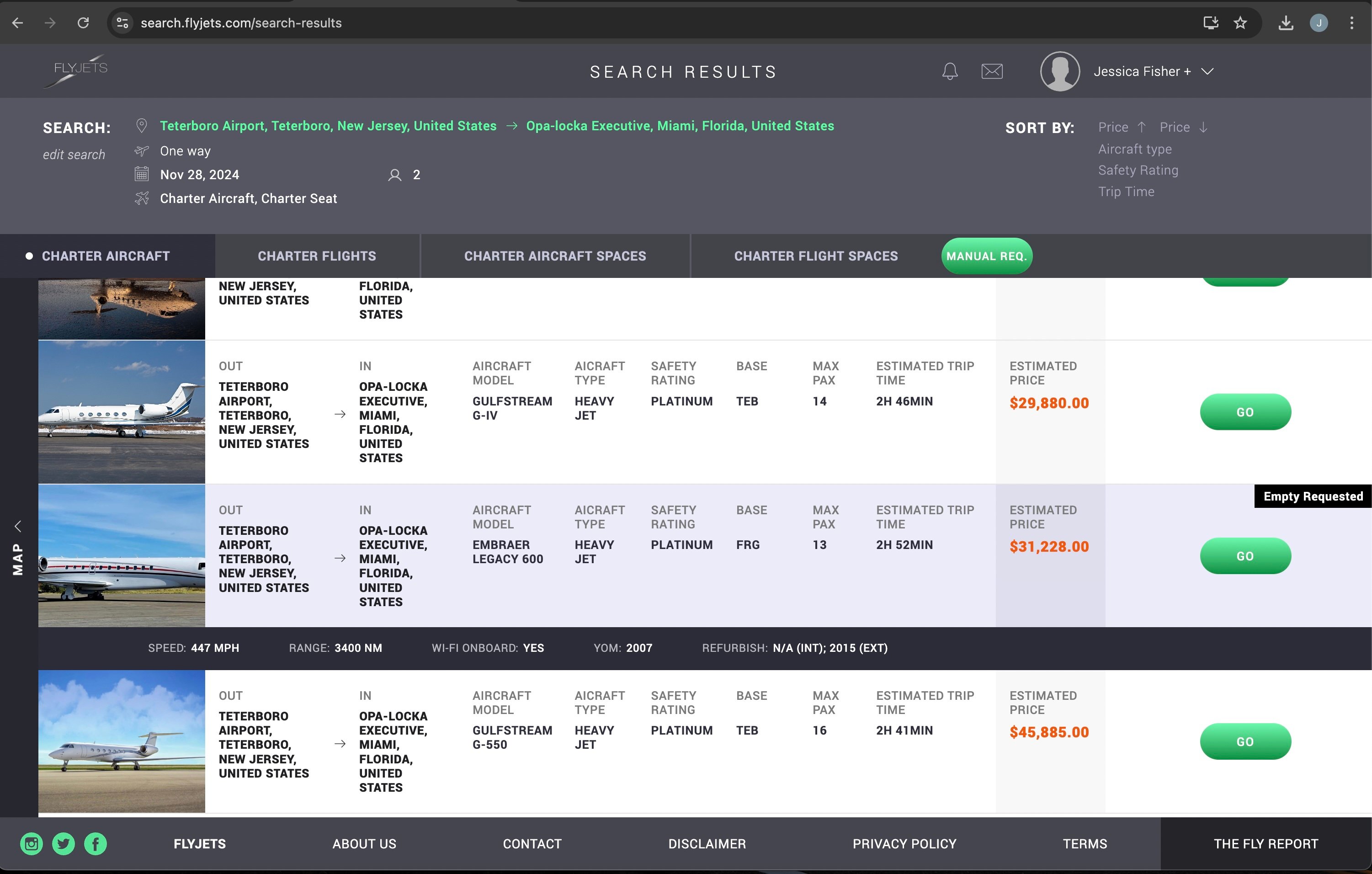 FlyJets search results