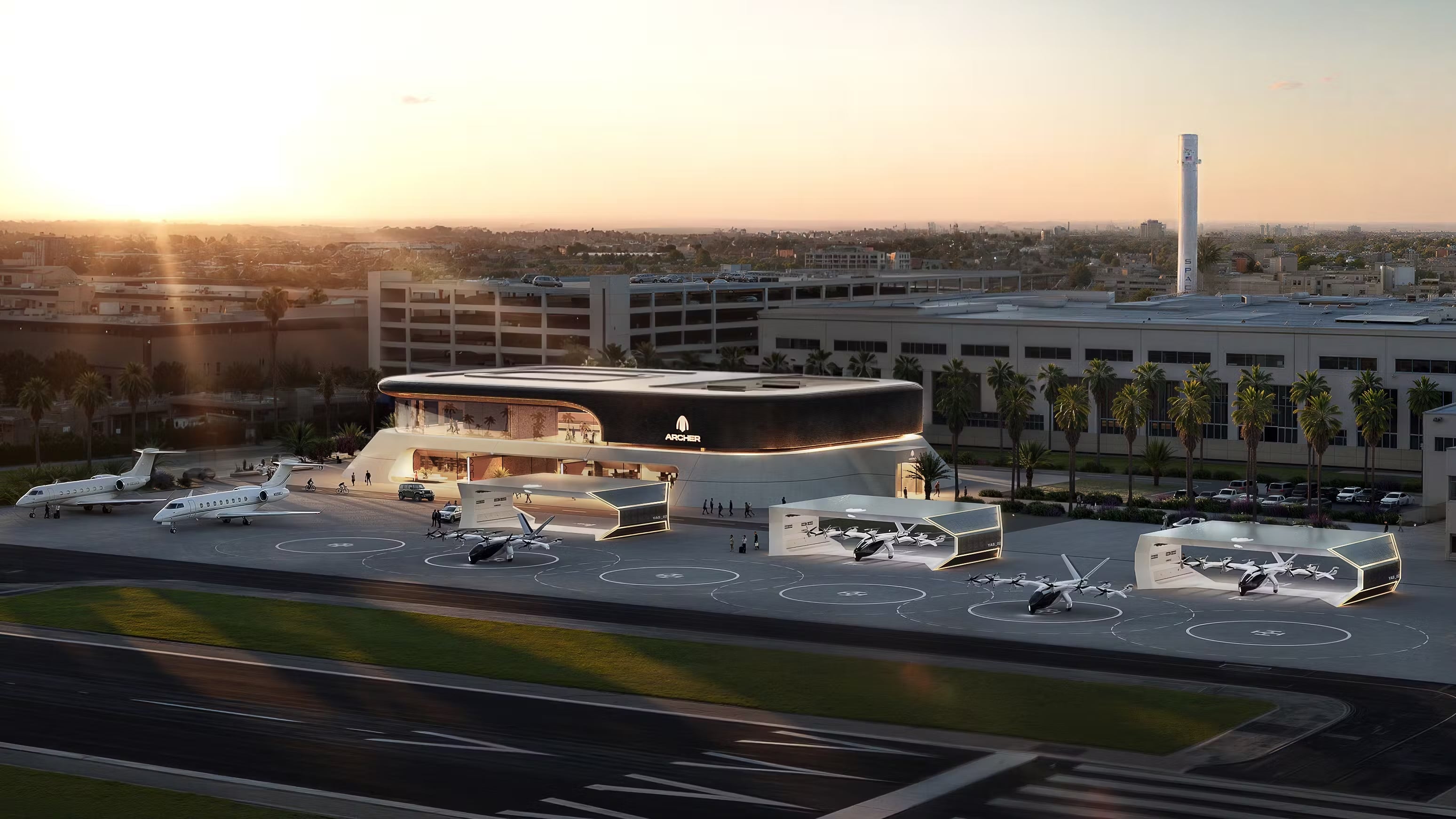 This depiction shows how Archer Aviation could transform Hawthorne Airport and the Jet Center Los Angeles FBO.
