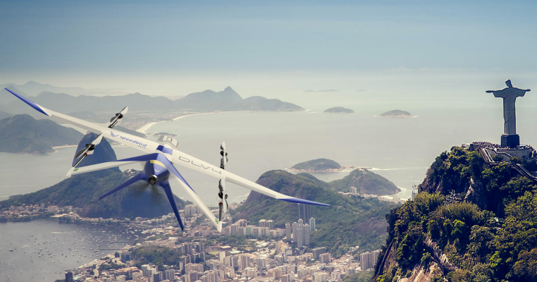Speedbird Aero concept image shows a DLV-series drone over Rio de Janeiro, Brazil.