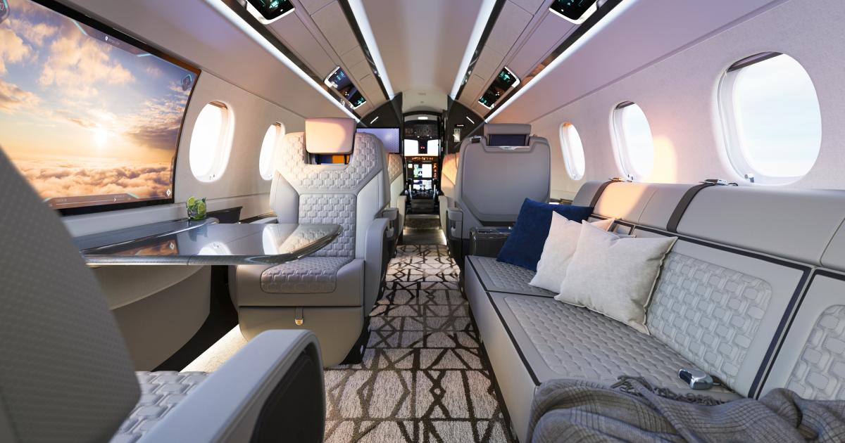 Cabine reprojetada da nova geração Praetor da Embraer, com assentos redesenhados e novo sistema de gerenciamento de cabine, aeronave que recebeu certificação tripla da ANAC, FAA e EASA